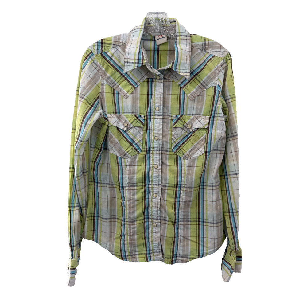 True Religion Women's Plaid Collared Cotton Snap Button Shirt Size Large - Picture 1 of 10